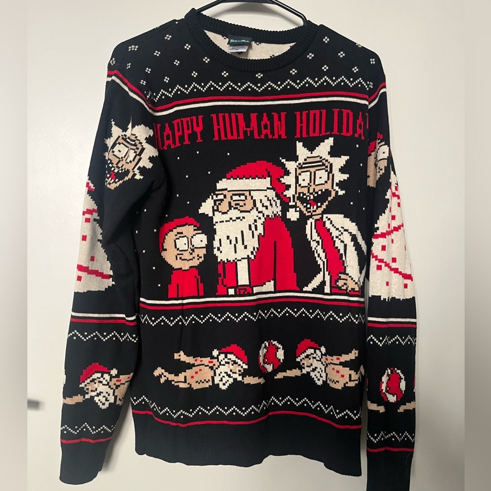 Rick In Morty Ripple Junction Black and Red Holiday Crewneck Sweater Sz M